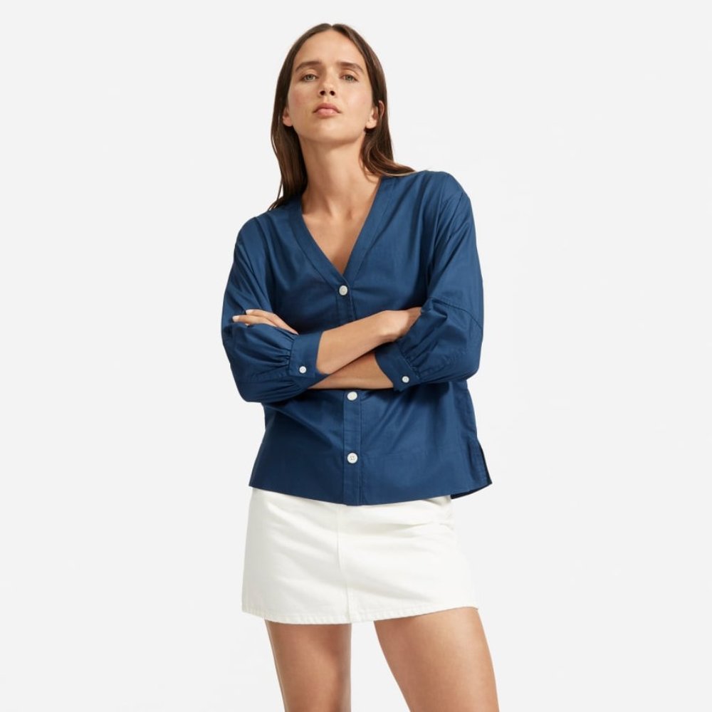 Everlane Silky Cotton Lantern Top in Blue Indigo 00